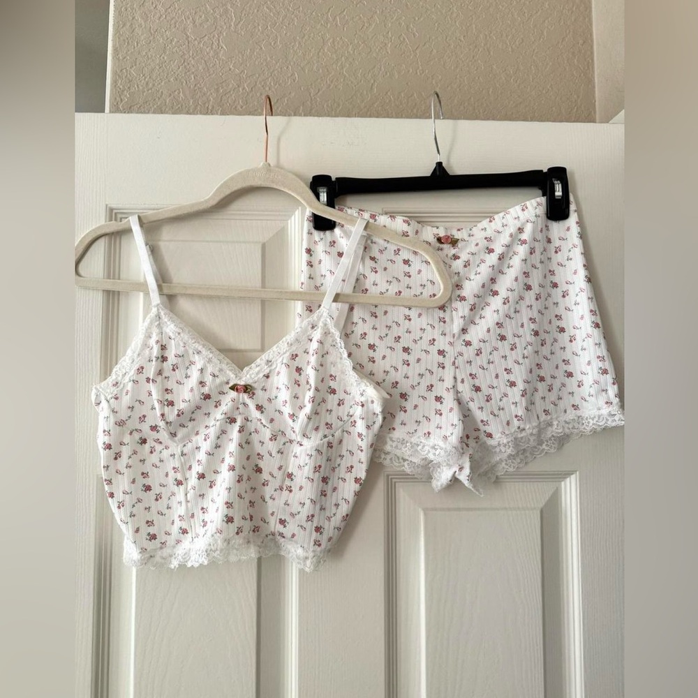 Pink Floral Lace Trim Rosette Tank & Short Set